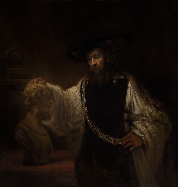 A robed philosopher, gold chain across his chest, resting his hand on a marble bust of Homer, lost in thought against deep shadow