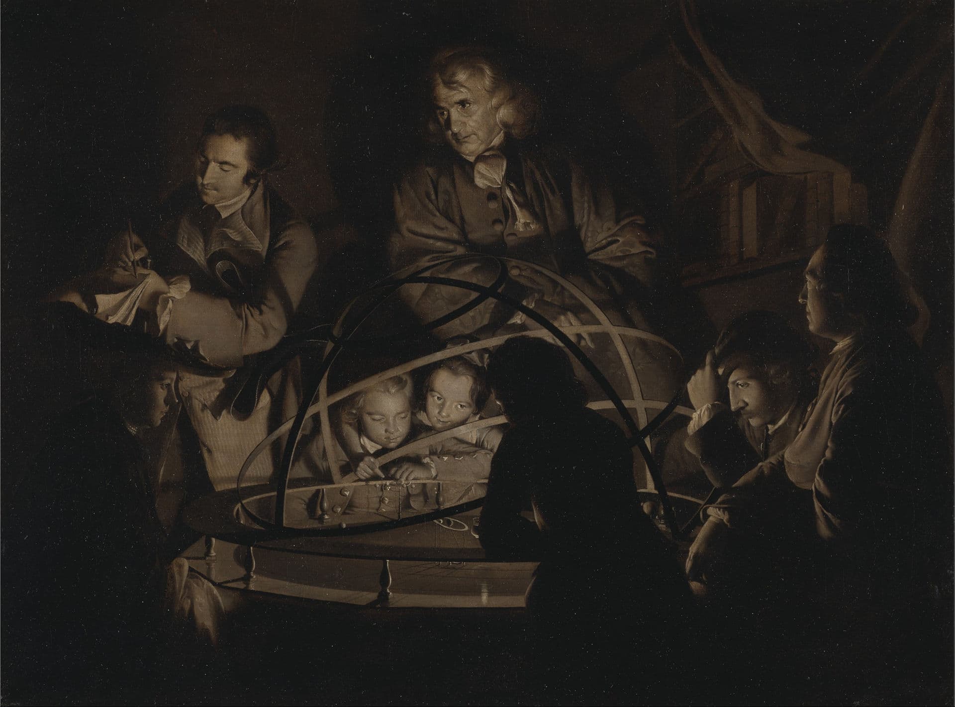 Figures gathered around a candlelit mechanical model of the solar system, their faces glowing from a hidden lamp as the room dissolves into black