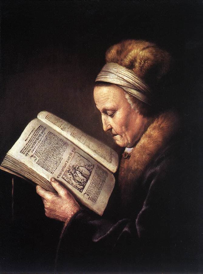 An aged woman bent over a worn open book, warm light on her lined hands and the pages, the background sinking to brown-black