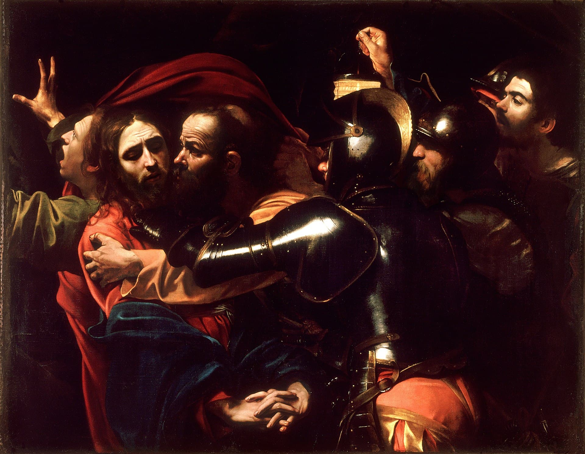 A night scene lit only by a lantern's glint, figures emerging from surrounding blackness